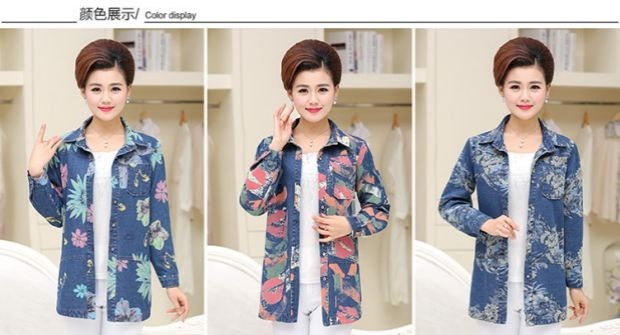 Áo bà mẹ trung niên chất liệu denim áo sơ mi mỏng tay dài Trung niên mùa thu đầm dài đoạn dài cổ tròn áo thun nữ tuổi 40
