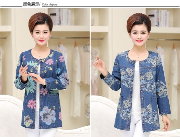 Áo bà mẹ trung niên chất liệu denim áo sơ mi mỏng tay dài Trung niên mùa thu đầm dài đoạn dài cổ tròn áo thun nữ tuổi 40