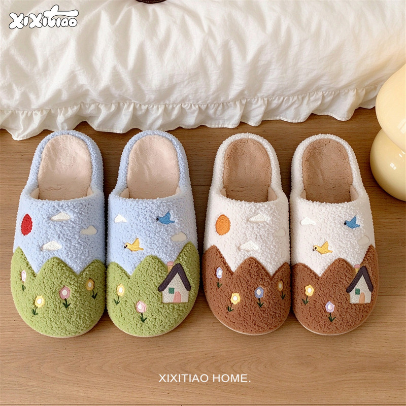 Cute Couple's Home Slippers with Thin Straps, Autumn and Winter Non-Slip Arch Support, Playful Little House Cotton Slippers for Men and Women Cute Couple's Home Slippers with Thin Straps, Autumn and Winter Non-Slip Arch Support, Playful Little House Cotton Slippers for Men and Women