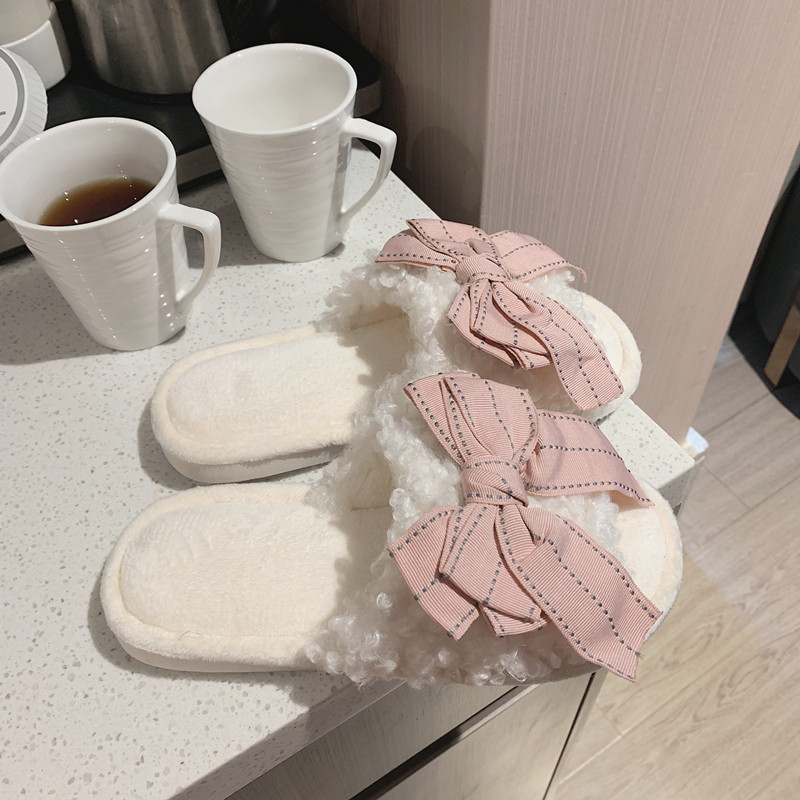 Thin strip Korean version ins style indoor home with sweet and fashionable fur drag female autumn and winter non-slip girl cotton slippers