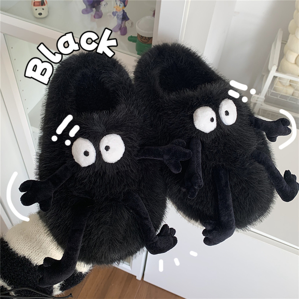 Thin striped creative quirky little coal ball furry slippers for couples, warm and non-slip, closed-toe cotton slippers for men and women, winter