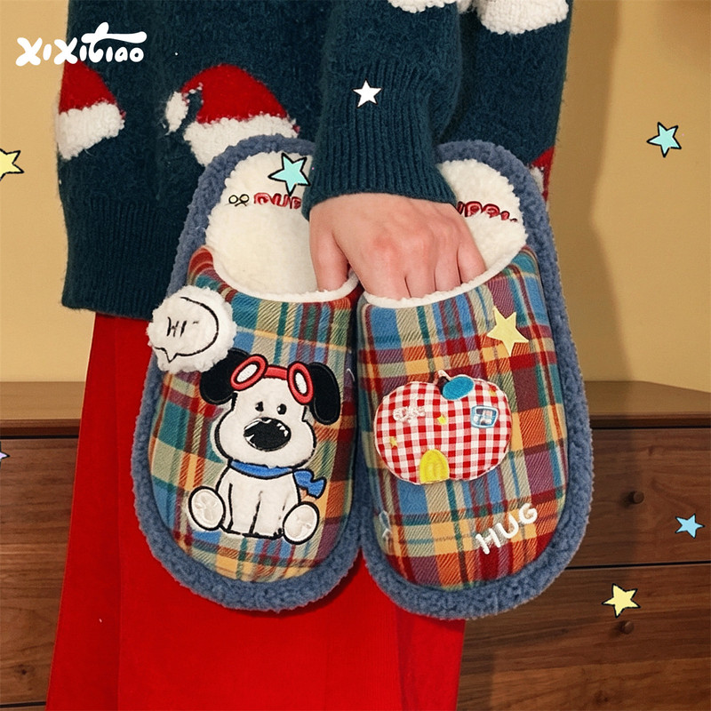 Thin Striped Retro Plaid Ins-Style Puppy Cotton Slippers for Couples, Men and Women, Autumn and Winter Closed-Toe Warm Plush Home Shoes Thin Striped Retro Plaid Ins-Style Puppy Cotton Slippers for Couples, Men and Women, Autumn and Winter Closed-Toe Warm Plush Home Shoes