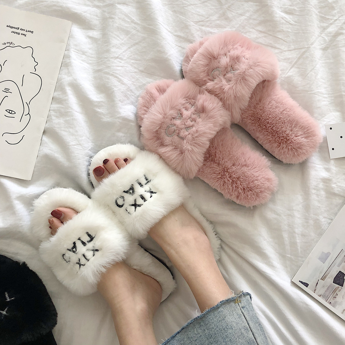 Fine strip Net red same 2020 autumn and winter Korean fashion fur slippers women wear Joker thick cotton slippers
