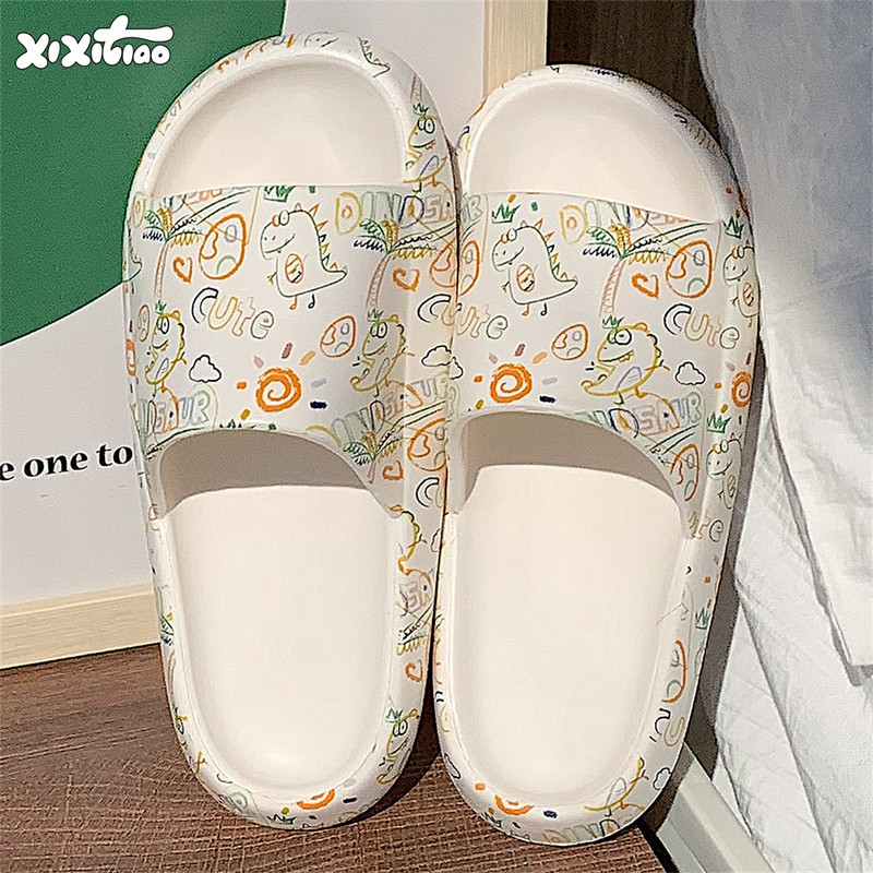 Thin Strip Cartoon Dinosaur Graffiti Slippers for Outdoor Wear, Stylish and Versatile, Summer Non-Slip Thick-Soled Slippers for Women