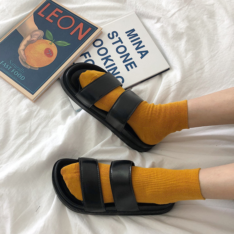 Thin Strap Korean Style Ins Harajuku Hong Kong Style Retro Double-Strap Slippers for Women Summer Student Thick-Soled Beach Sandals for Outdoor Wear