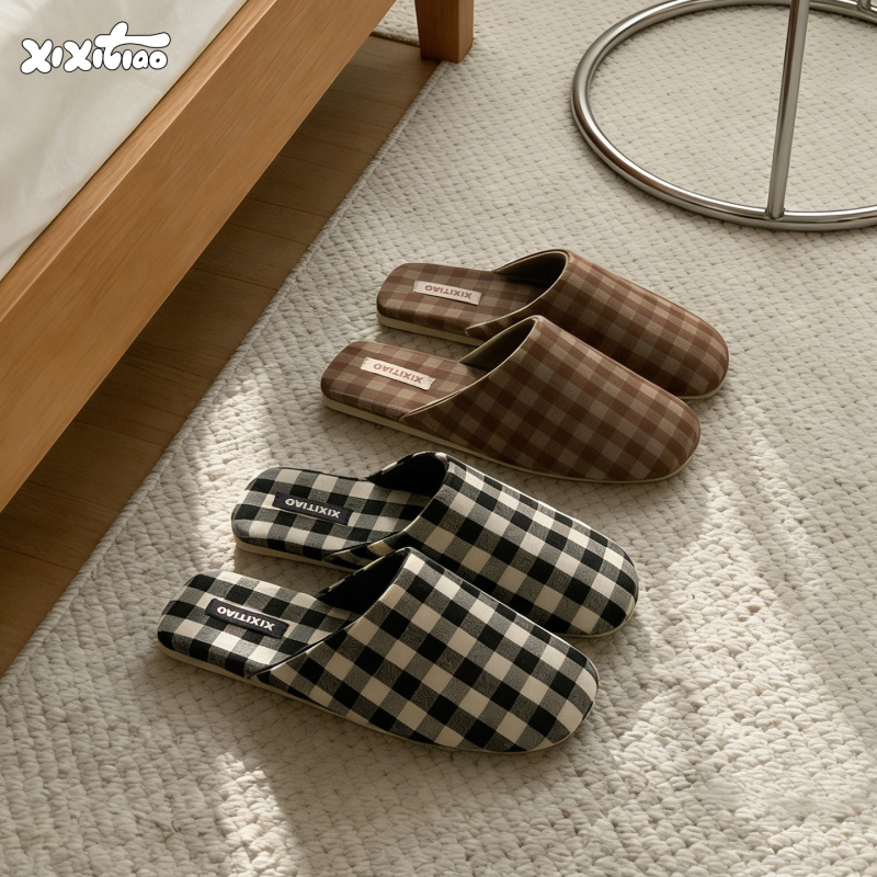 Thin Strap All-Season Home Japanese-Style Floor Slippers for Women, Fashionable Ins-Style Plaid Bedroom Sweat-Absorbing Square-Toe Closed-Toe Slippers