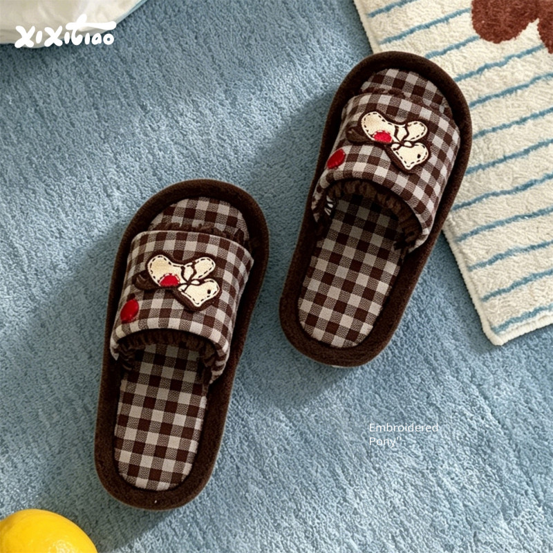 Thin Striped Fashionable Color-Blocked Plaid Slip-On Slippers for All Seasons, Women's Home Non-Slip Sweat-Absorbing Cute Dog-Themed Floor Shoes
