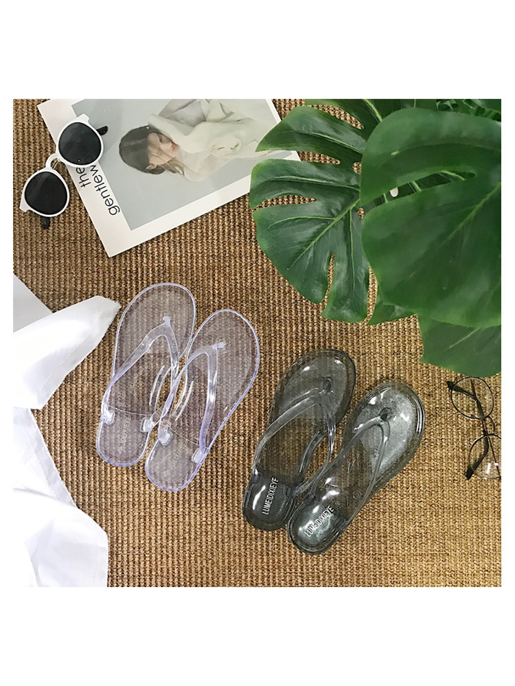 Hàn quốc ulzzang dép trong suốt nữ sinh viên mùa hè hoang dã đáy phẳng clip toe mỏng ban nhạc flip flops pha lê dép