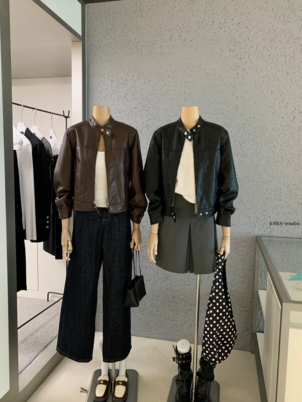 【Enen】Retro Motorcycle Style Stand-Up Collar Short Leather Jacket Slimming Leather Jacket Casual Jacket 【Enen】Retro Motorcycle Style Stand-Up Collar Short Leather Jacket Slimming Leather Jacket Casual Jacket