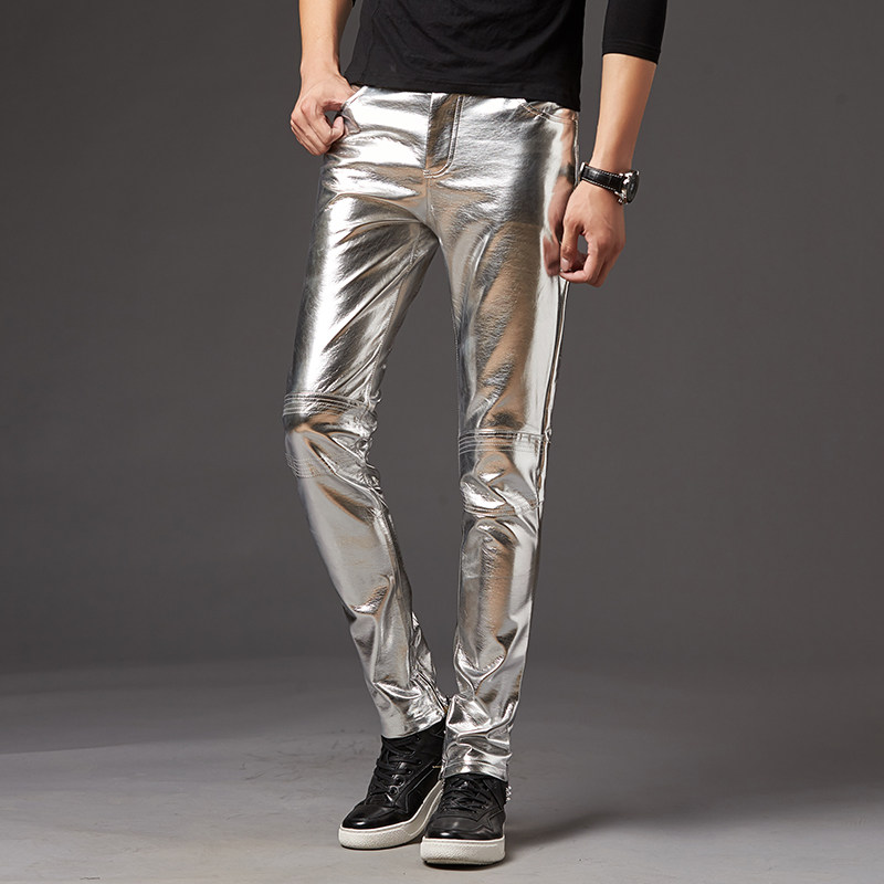 2022 Spring and Autumn Men's Leather Pants Korean Slim Fit Cigarette Pants Stage Performance Men's Motorcycle Men's Shiny Silver Leather Pants