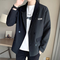 2022 Spring Autumn Stripe Splicing West Suit Youth Male Loose Casual Suit Asymmetry Black Eggplant Jacket Jacket Man