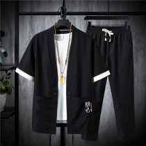 Summer suit individuality mens sweatshirt short sleeve shirt 9 long pants two sets of Chinese Wind Han and Tang Costume Vest