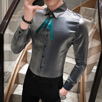 2020 Autumn mens shirt British mens long sleeve shirt Korean version of slim print male shiny reflective mens watch performance shirt