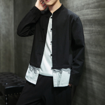 2022 personality retro disc buckle large code loose male lining fake two pieces embroidered spring autumn Chinese wind small coat shirt man