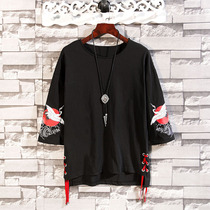 Spring Summer China Wind Great Code Port Wind Fairy Crane Printed Strap T-shirt Personality Loose Round Collar 70% Short Sleeve Male Compassion