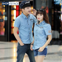 Summer Youth Mens cotton half-sleeved shirt Korean slim couple single denim thin cloth womens short sleeve shirt