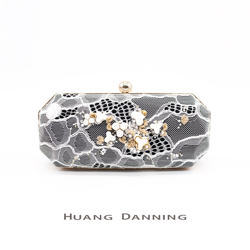 HUANG DANNING Handmade Lace Bead Embroidered Porcelain Lambskin Clutch Evening Bag