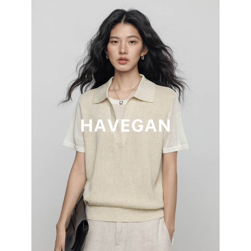 Havegan/Summer Tencel Linen Knit Faux Two-Piece T-Shirt for Women, Old Money Style, High-End Commuter Top