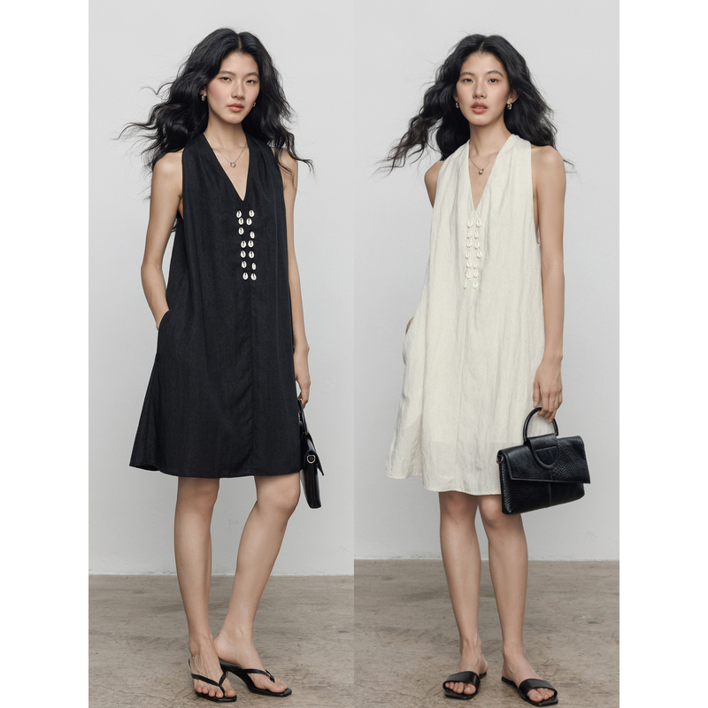Havegan/Summer Halter Neck V-Neck Design Tencel Linen Tank Dress for Women, Casual Short Dress