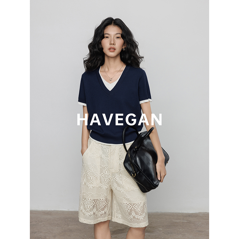 Havegan/Summer V-Neck Faux Two-Piece Short-Sleeve Knit T-Shirt for Women, Loose Casual Commuter Old Money Style Top