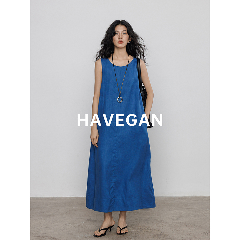 Havegan/Summer 100% Linen Round Neck Loose Vest Dress for Women 2026 New Vacation Long Dress