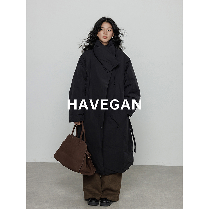 Havegan/Winter Black Lapel High-End Duck down Quilted down Jacket Women's Warm Long Coat