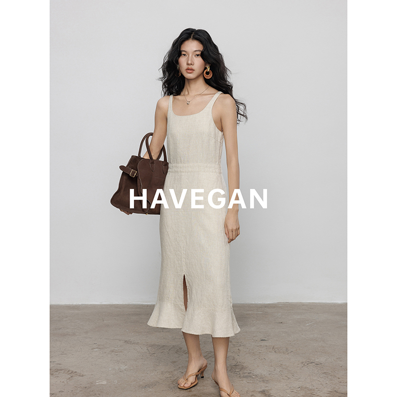Havegan/Summer Linen Old Money Style Slimming Tank Dress for Women, Fishtail Skirt, Lazy Elegant Long Dress