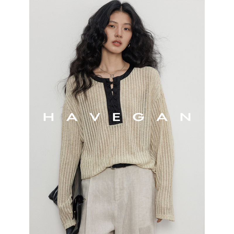 Havegan/Autumn Linen Blend Design Striped Long-Sleeve T-Shirt for Women, Old Money Style, Relaxed Casual Top