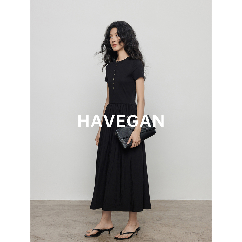 Havegan/Summer Henry Collar Patchwork T-Shirt Dress for Women, Black Slim Fit, High-End Commuter Long Dress Havegan/Summer Henry Collar Patchwork T-Shirt Dress for Women, Black Slim Fit, High-End Commuter Long Dress
