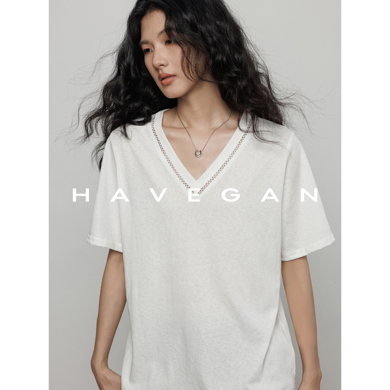 Havegan/Summer V-Neck Lace Patchwork T-Shirt for Women, Lazy Old Money Style, Casual Workwear Top