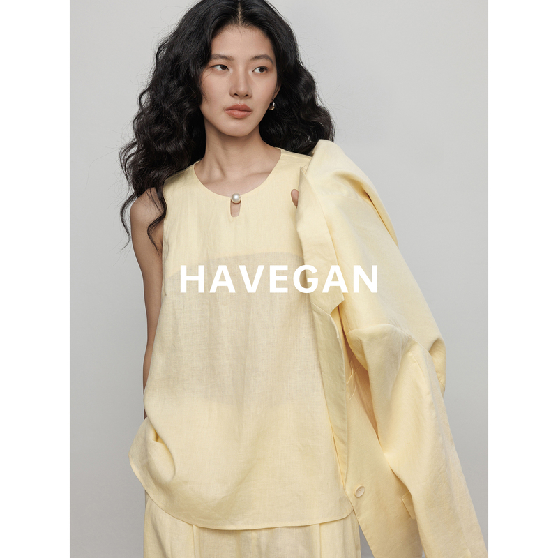 Havegan/Autumn Round Neck Sleeveless 100% Linen Shirt Vest for Women, Old Money Style, Lazy Casual Top