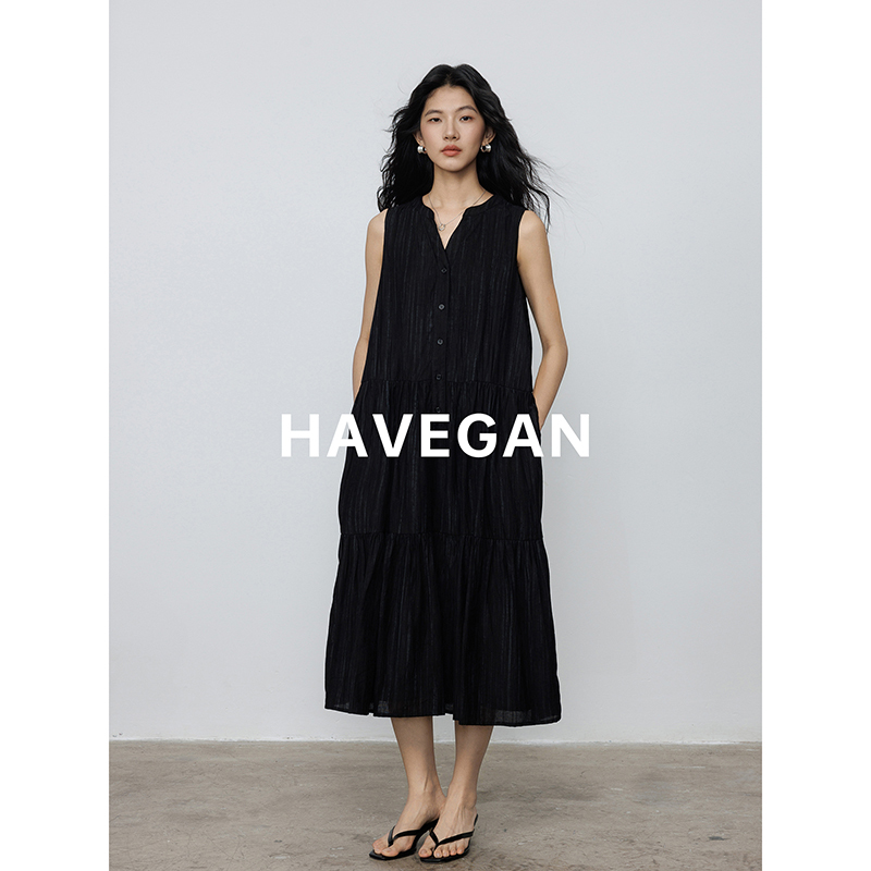 Havegan/Summer Sleeveless Black Tank Dress for Women, Relaxed Vacation Style, Old Money Long Dress
