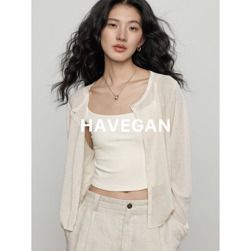 Havegan/Summer Round-Neck Long-Sleeve Knit Cardigan for Women with Linen, Sun-Protective Shirt, Old Money Style, Casual Top