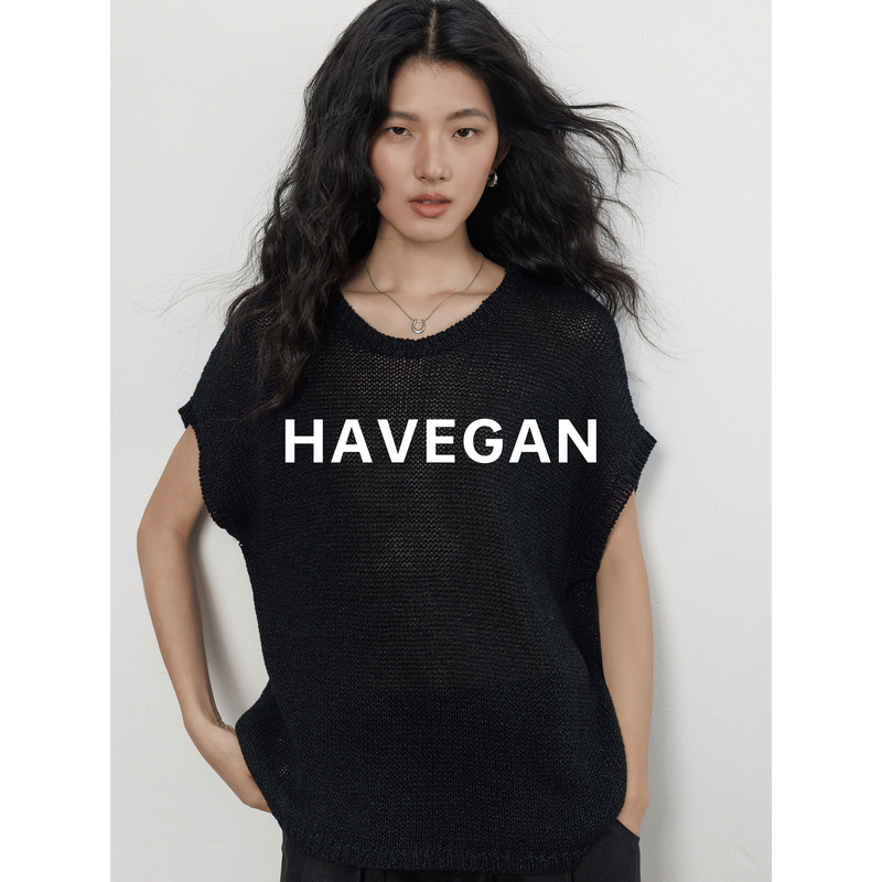 Havegan/Summer T-Shirt with Tencel and Paper Yarn Knit, Round Neck, Women's Combed Cotton Relaxed Top