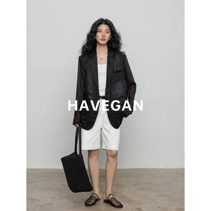 Havegan/Summer Black Blazer for Women, 100% Ramie, Sun-Protective, High-End Old Money Style Top