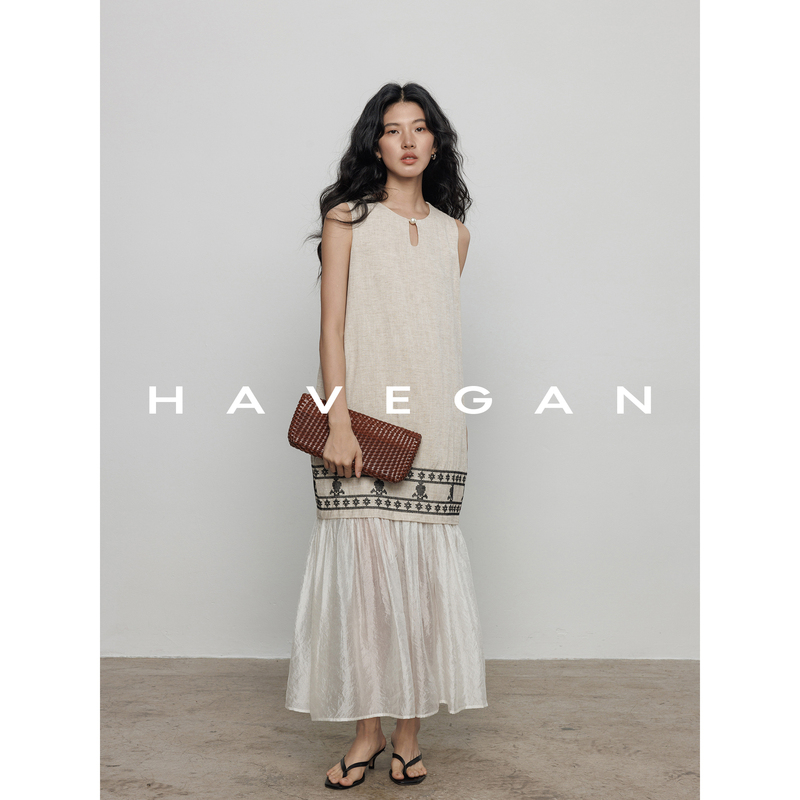 Havegan/Summer Round Neck Ramie Tencel Vest Dress for Women, Old Money Style Patchwork Loose Long Dress
