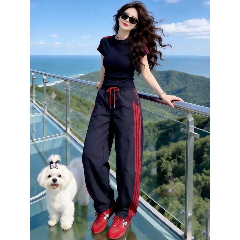 Fashionable Casual Sports Suit for Women 2026 Summer New Style Slimming and Age-Reducing Short-Sleeved T-Shirt Wide-Leg Pants Two-Piece Set Fashionable Casual Sports Suit for Women 2026 Summer New Style Slimming and Age-Reducing Short-Sleeved T-Shirt Wide-Leg Pants Two-Piece Set