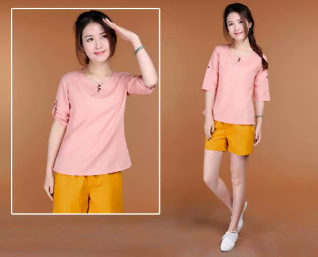 Mùa hè mới kích thước lớn của phụ nữ gió quốc gia mẹ tải cotton và vải lanh Áo thun nữ ngắn tay áo sơ mi mùa hè lỏng lẻo