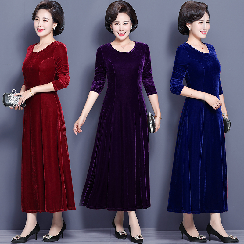 Spring and Autumn Velvet Dress, Elegant and Stylish for Women, 2026 New Long-Sleeve Dress for Middle-Aged and Elderly, Slimming and Graceful Mother's Long Dress