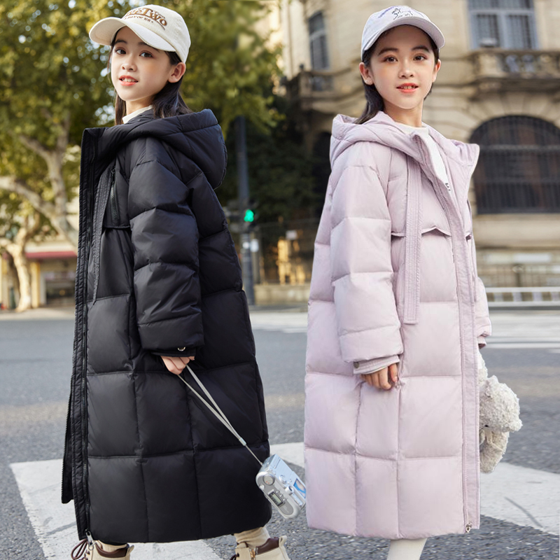 New Style Balawu down Jacket for Older Girls, Children's Long Over-The-Knee Thickened White Duck down Hooded Stylish Coat