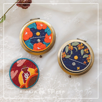 Embroidery material bag mirror flower and moon makeup mirror handmade DIY vintage style fabric bronze mirror gift ornaments