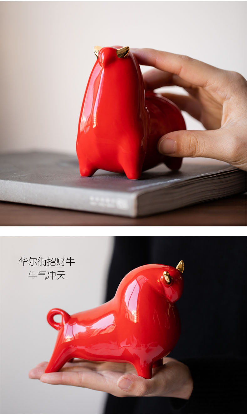 New Year gift porcelain red lucky decoration cows and turn things around an ox Year mascot bedside furnishing articles