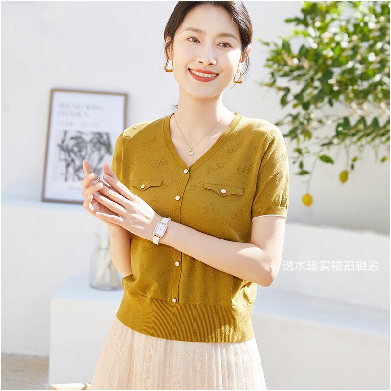 Yiguifei Y367 Welfare 2024 Summer New V Neck Button Pullover Slimming Look Top Women's Short-Sleeved Tencel Knitwear
