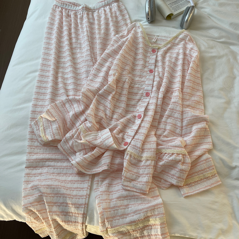 Sweet Pink Striped Pajamas for Women, Spring and Autumn Knitted Pure Cotton Round Neck Long-Sleeve Cardigan, Trendy Home Wear Set