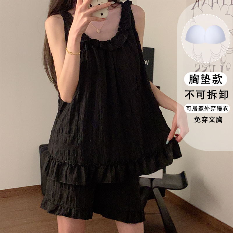 Korean Style ins Pure Cotton Pajamas for Women, Summer with Chest Pads, Camisole Shorts, Black Lace, New Home Wear Two-Piece Set