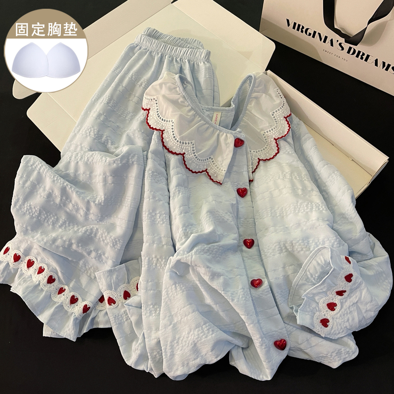 Princess Style Red Heart Pajamas for Women, Autumn, with Chest Pads, Long Sleeves, Long Pants, Loose Cloud-Like Cotton Loungewear Set
