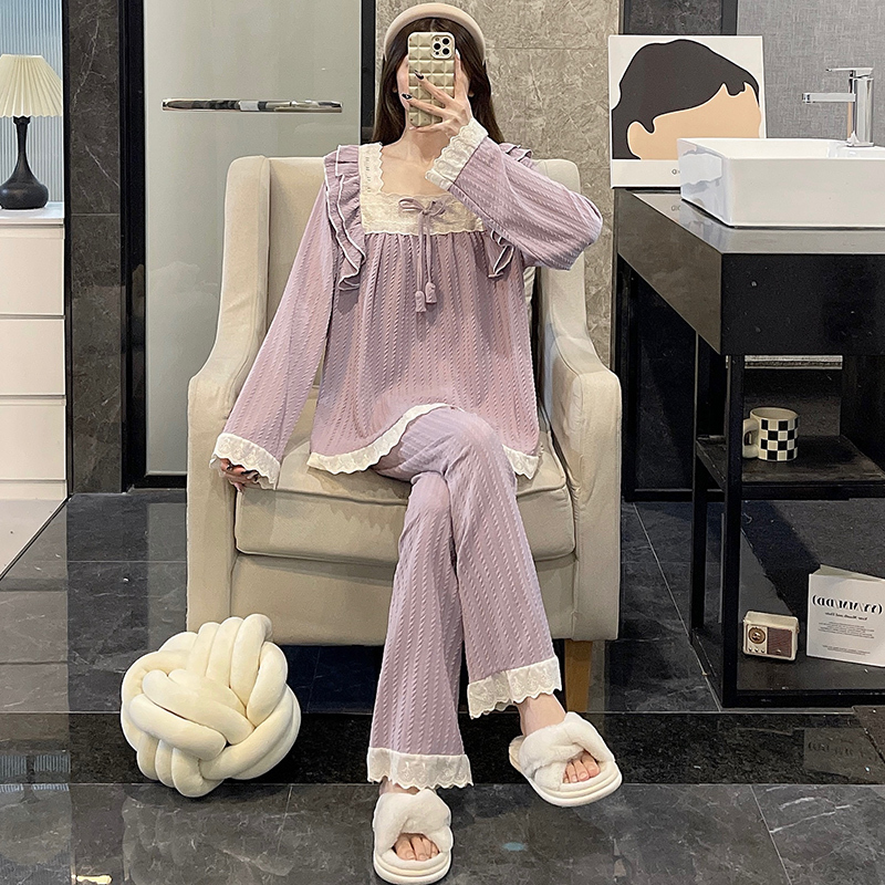 Autumn and Winter Pure Cotton Pajamas for Women, New Spring and Autumn Long-Sleeved Japanese Style Simple Lace Sweet Purple Bow Home Wear Autumn and Winter Pure Cotton Pajamas for Women, New Spring and Autumn Long-Sleeved Japanese Style Simple Lace Sweet Purple Bow Home Wear