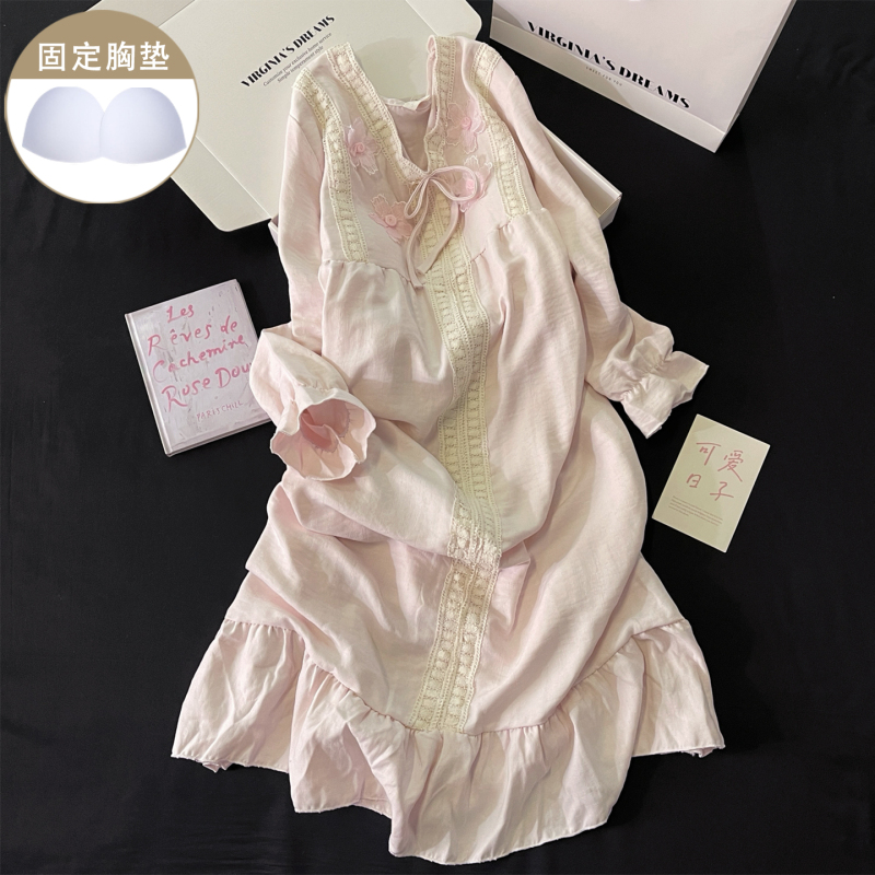 Pajamas with Breast Pads for Women, Autum Pure Cotton Long-Sleeved Pink Lace Mid-Length Double-Layer Gauze Nightgown, Home Wear Dress Pajamas with Breast Pads for Women, Autum Pure Cotton Long-Sleeved Pink Lace Mid-Length Double-Layer Gauze Nightgown, Home Wear Dress