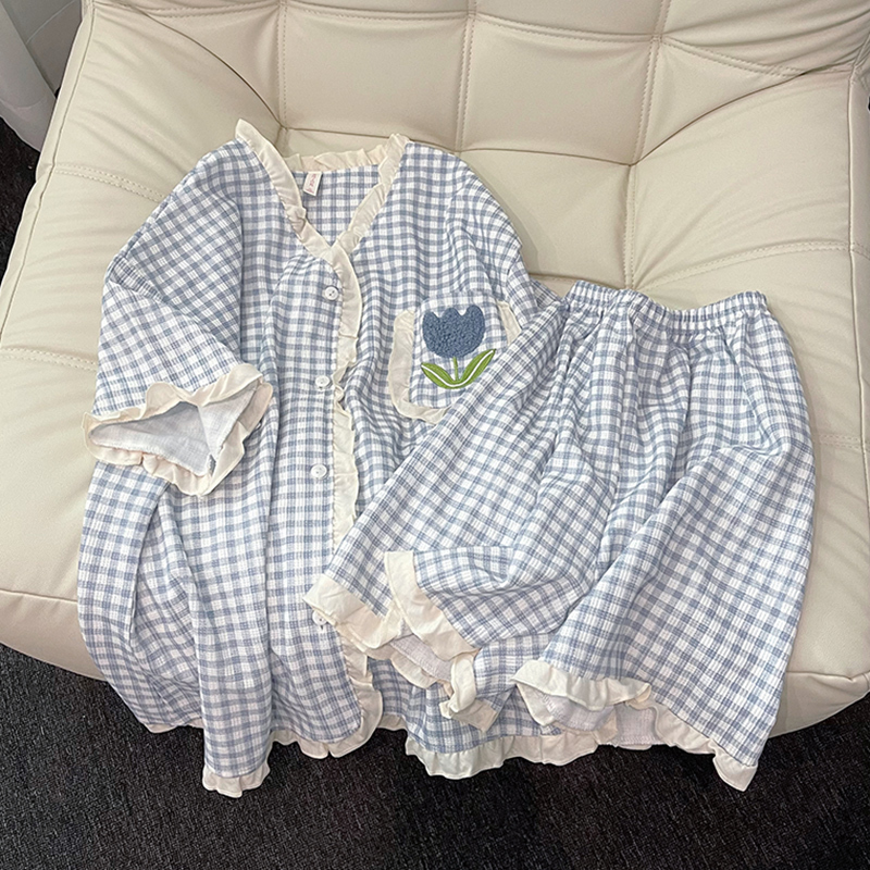 ins Style Pure Cotton Pajamas for Women Plus Size Fat mm Summer Blue Plaid Floral Short-Sleeved Home Wear Set