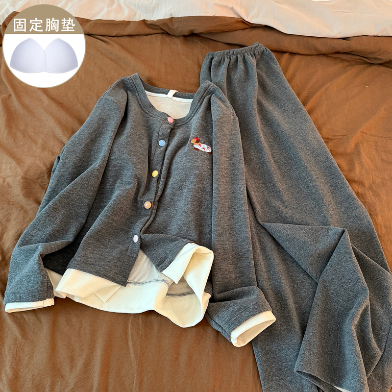 Pajamas for Women in Autumn and Winter, Cute Gray Puppy with Chest Pad, Warm Cashmere Cardigan, Pure Cotton Korean Style Home Wear Set